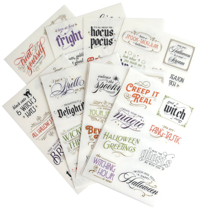 Spellbound Halloween Crafting Pair: nine sheets of Halloween-themed stickers with spooky phrases and ornate lettering, perfect for crafts.