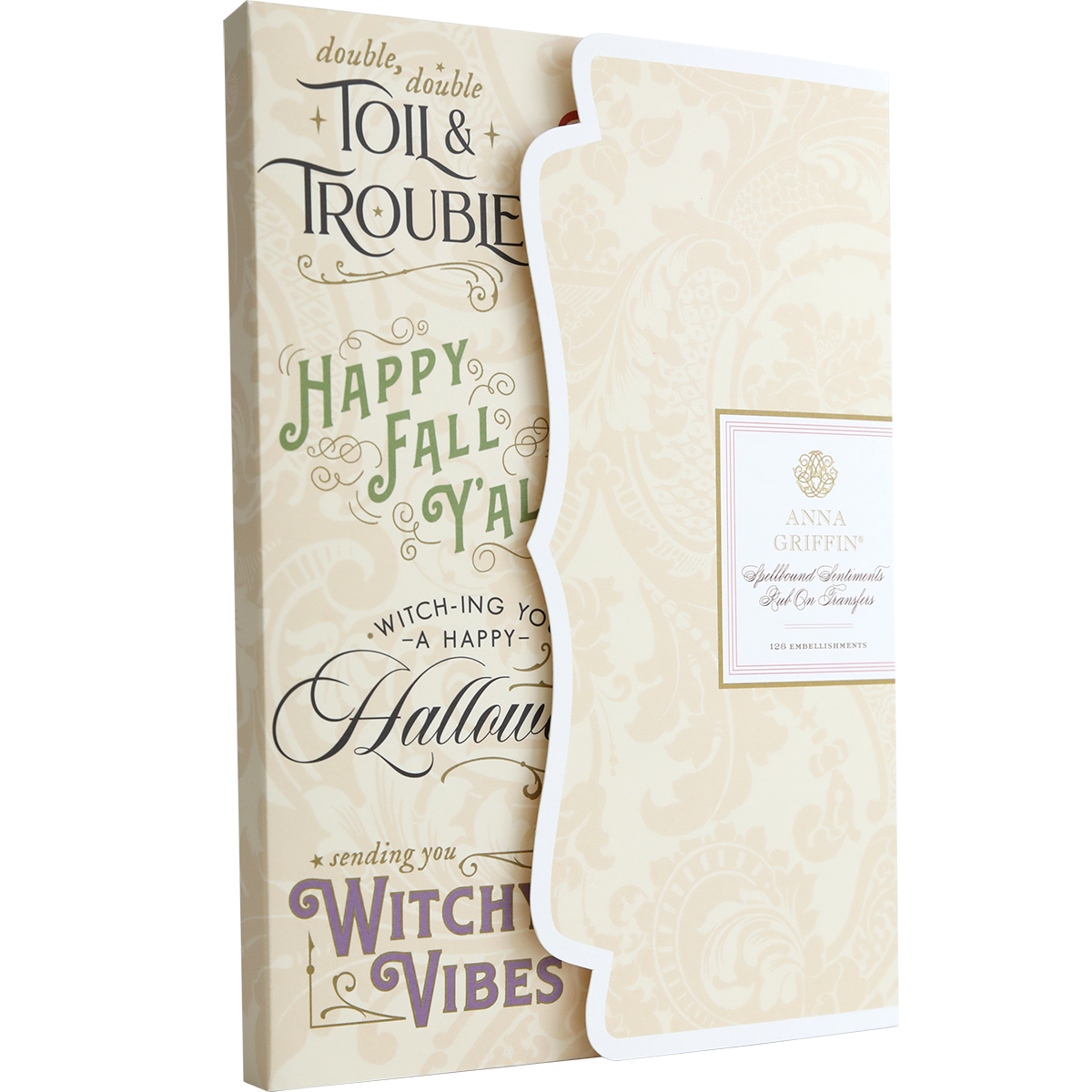 The Spellbound Sentiment Rub On Transfers feature ornate Halloween and fall greetings, perfect for pairing with decorative card sets and Anna Griffin envelopes to enhance your seasonal crafts.