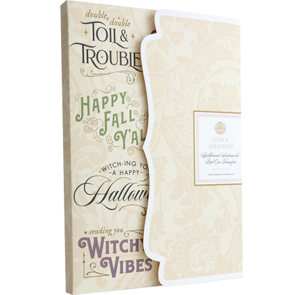 The Spellbound Sentiment Rub On Transfers feature ornate Halloween and fall greetings, perfect for pairing with decorative card sets and Anna Griffin envelopes to enhance your seasonal crafts.