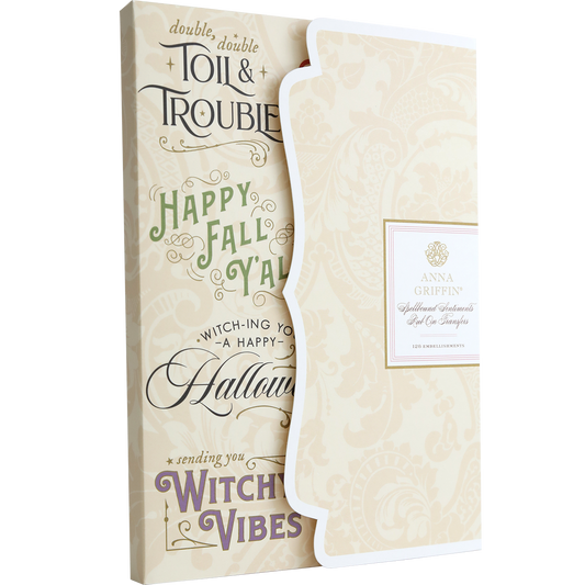 The Spellbound Sentiment Rub On Transfers feature ornate Halloween and fall greetings, perfect for pairing with decorative card sets and Anna Griffin envelopes to enhance your seasonal crafts.