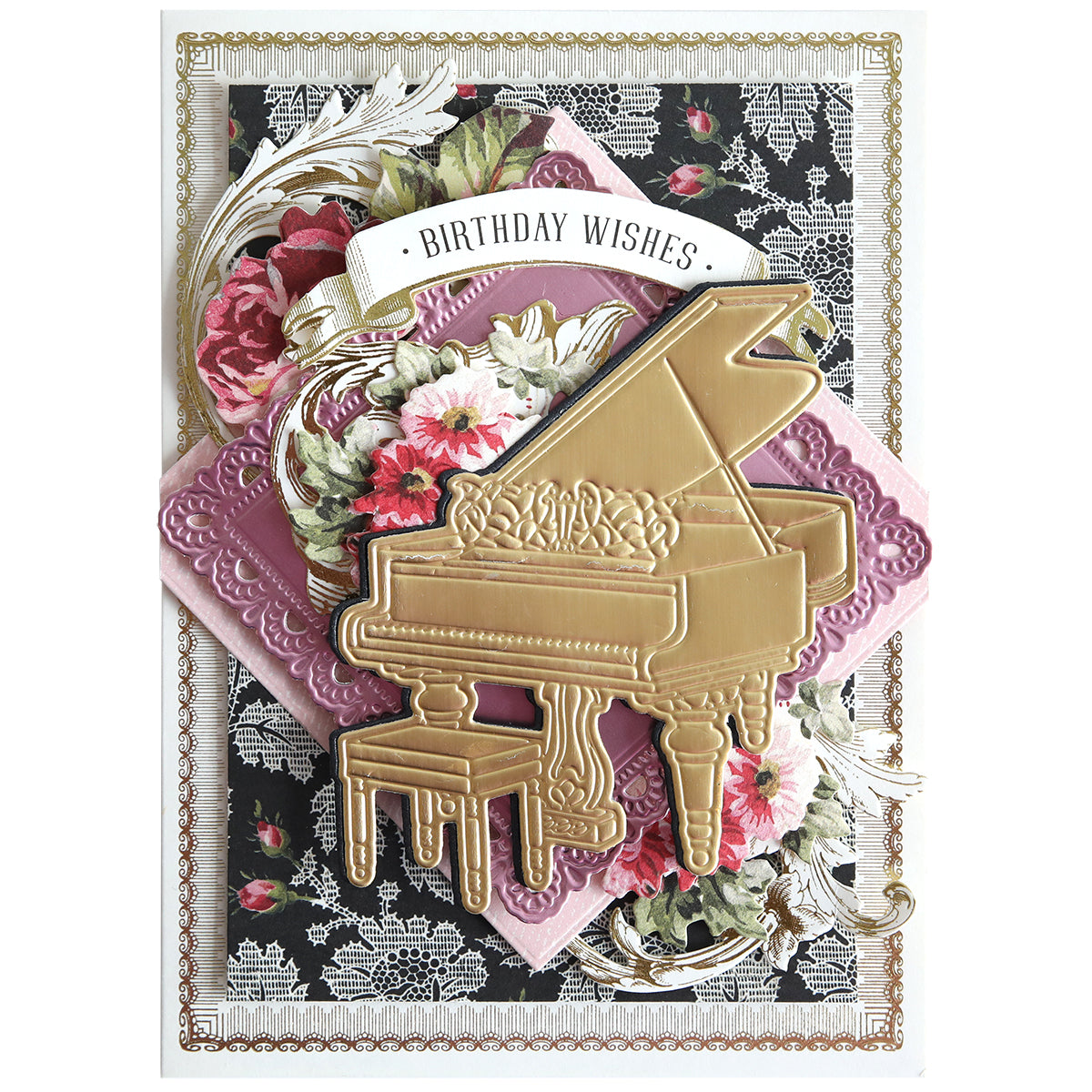 The Music 3D Scene Dies create a decorative birthday card with a gold grand piano, flowers, a "Birthday Wishes" banner, and lace floral background—ideal for anyone who loves elegant, music-inspired card designs.