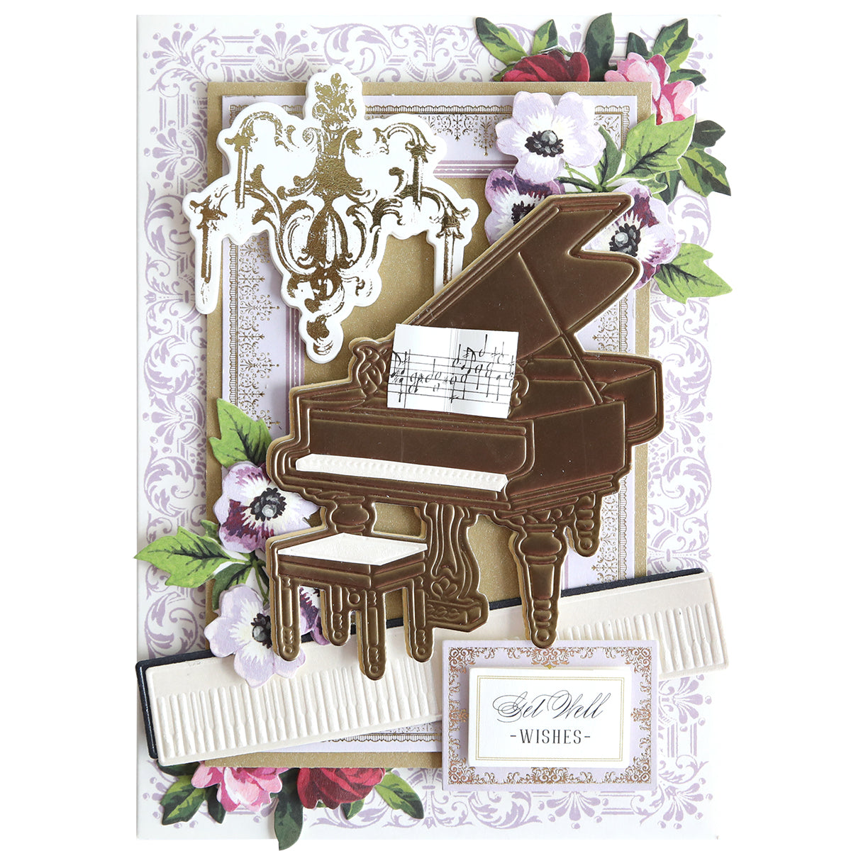 The Music 3D Scene Dies create a decorative card featuring a grand piano, music sheet, chandelier, floral accents, and a "Get Well Wishes" message—ideal for fans of elegant musical themes and instrument dies.