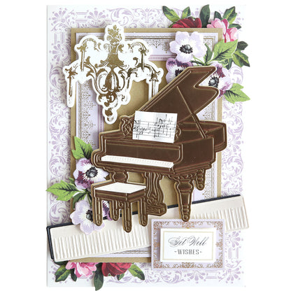The Music 3D Scene Dies create a decorative card featuring a grand piano, music sheet, chandelier, floral accents, and a "Get Well Wishes" message—ideal for fans of elegant musical themes and instrument dies.