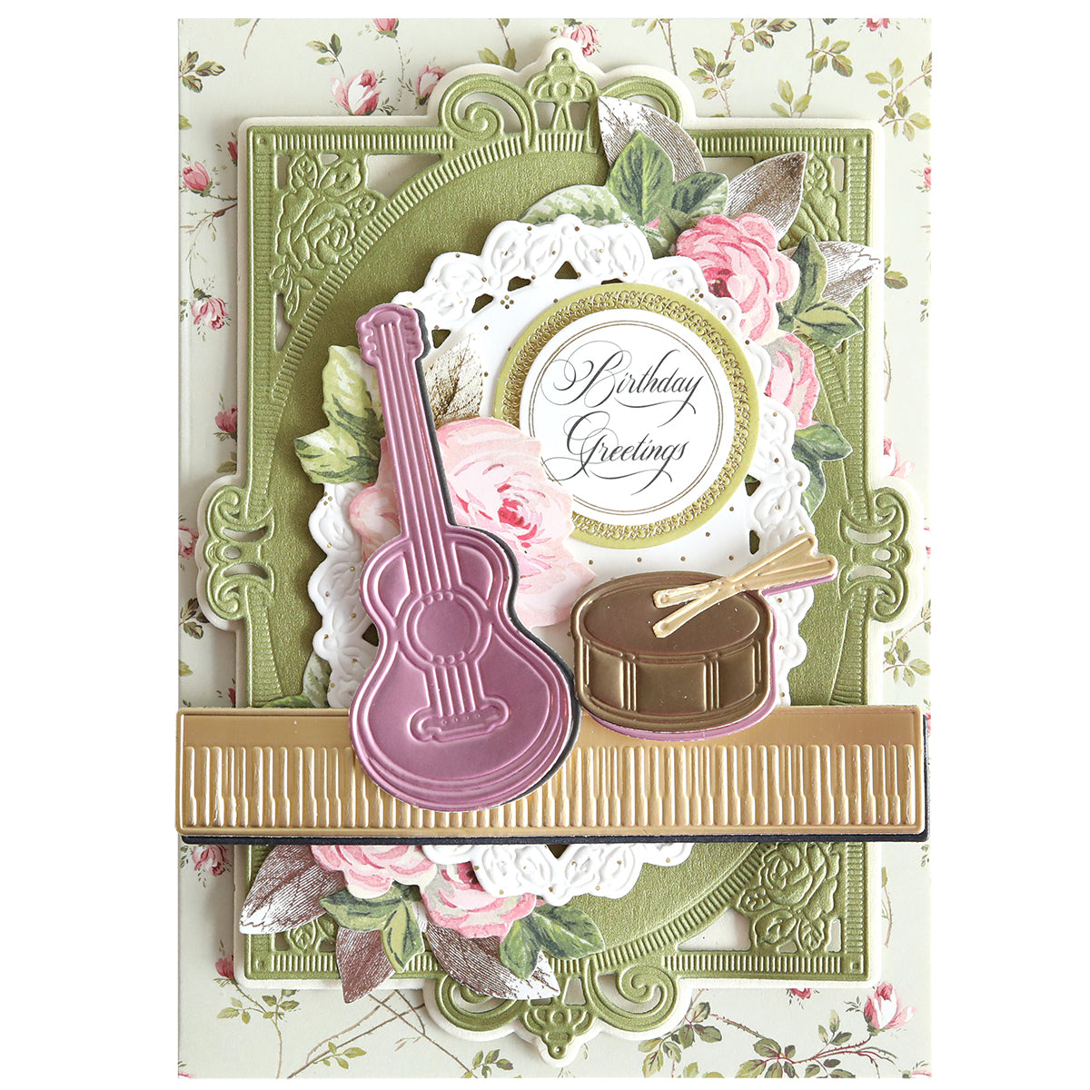 The Music 3D Scene Dies create a decorative birthday card with a pink guitar, gold drum, floral patterns, and "Birthday Greetings" text for an elegant musical touch.