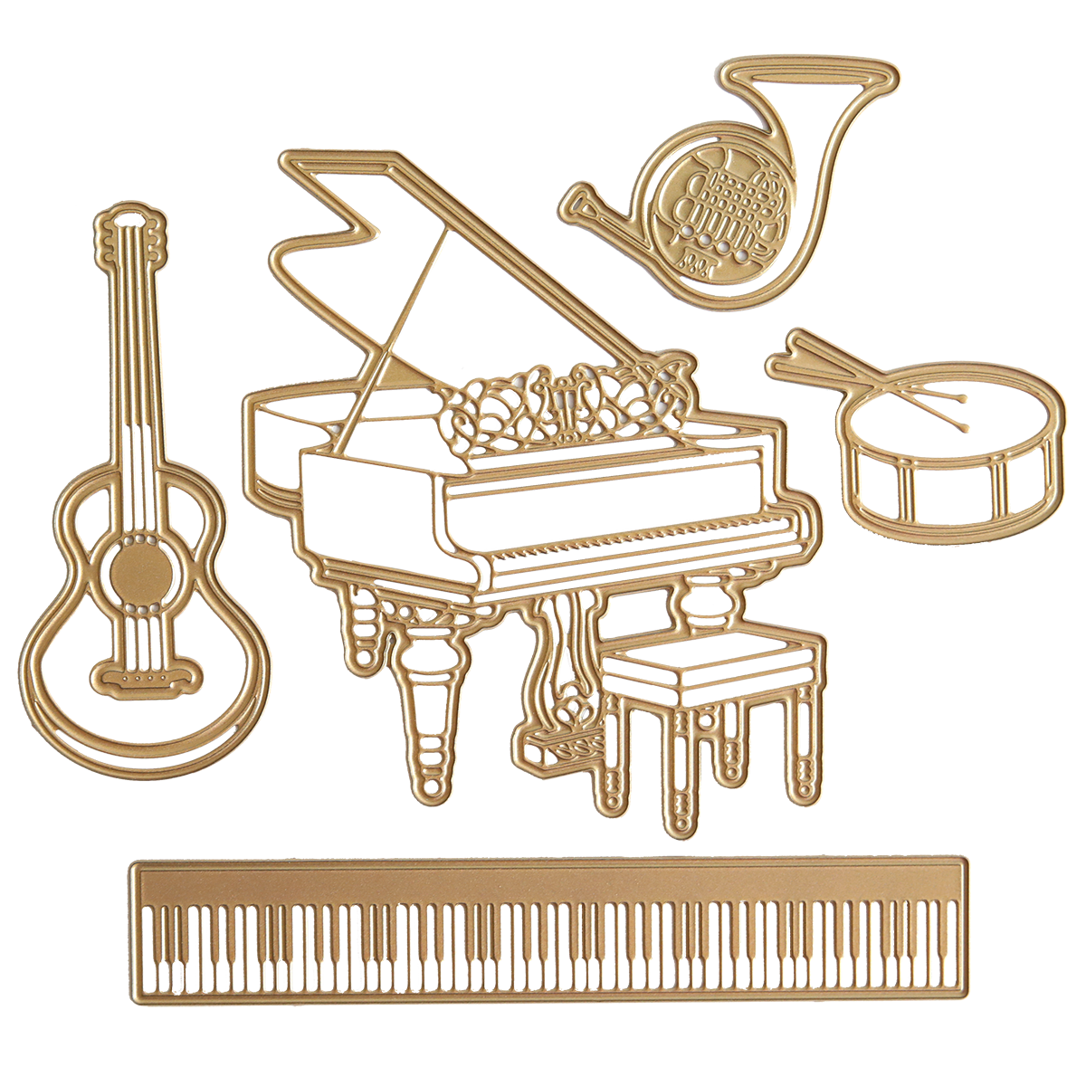 Gold-colored line art illustrations of a piano with bench, guitar, drum, French horn, and keyboard on white—perfect for crafting with Music 3D Scene Dies.
