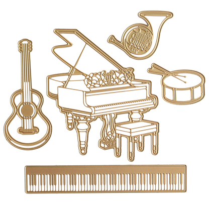 Gold-colored line art illustrations of a piano with bench, guitar, drum, French horn, and keyboard on white—perfect for crafting with Music 3D Scene Dies.