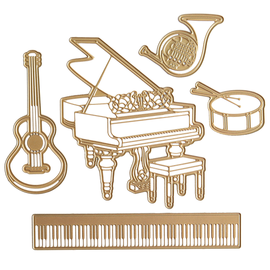 Gold-colored line art illustrations of a piano with bench, guitar, drum, French horn, and keyboard on white—perfect for crafting with Music 3D Scene Dies.