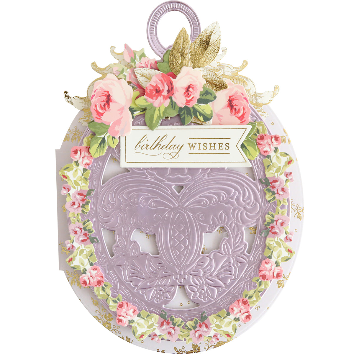 Create elegant keepsake cards with Locket Card Dies—ornate oval-shaped die set featuring intricate pink and white flowers, gold leaves, and a "birthday wishes" label. Perfect for pairing with ornate frames for special occasions.