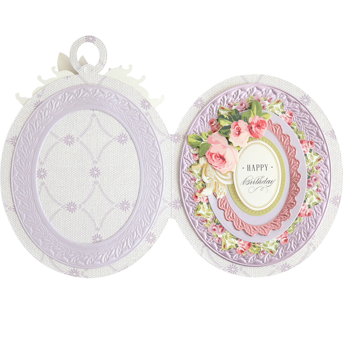 An ornate, oval-shaped keepsake-style birthday card made with Locket Card Dies in pastel purple, adorned with decorative floral accents and an elegant frame, featuring "Happy Birthday" in the center.