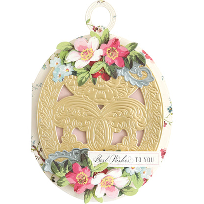 The Locket Card Dies create an ornate, oval-shaped keepsake card with gold embossed details, floral accents, and a “Best Wishes To You” label.
