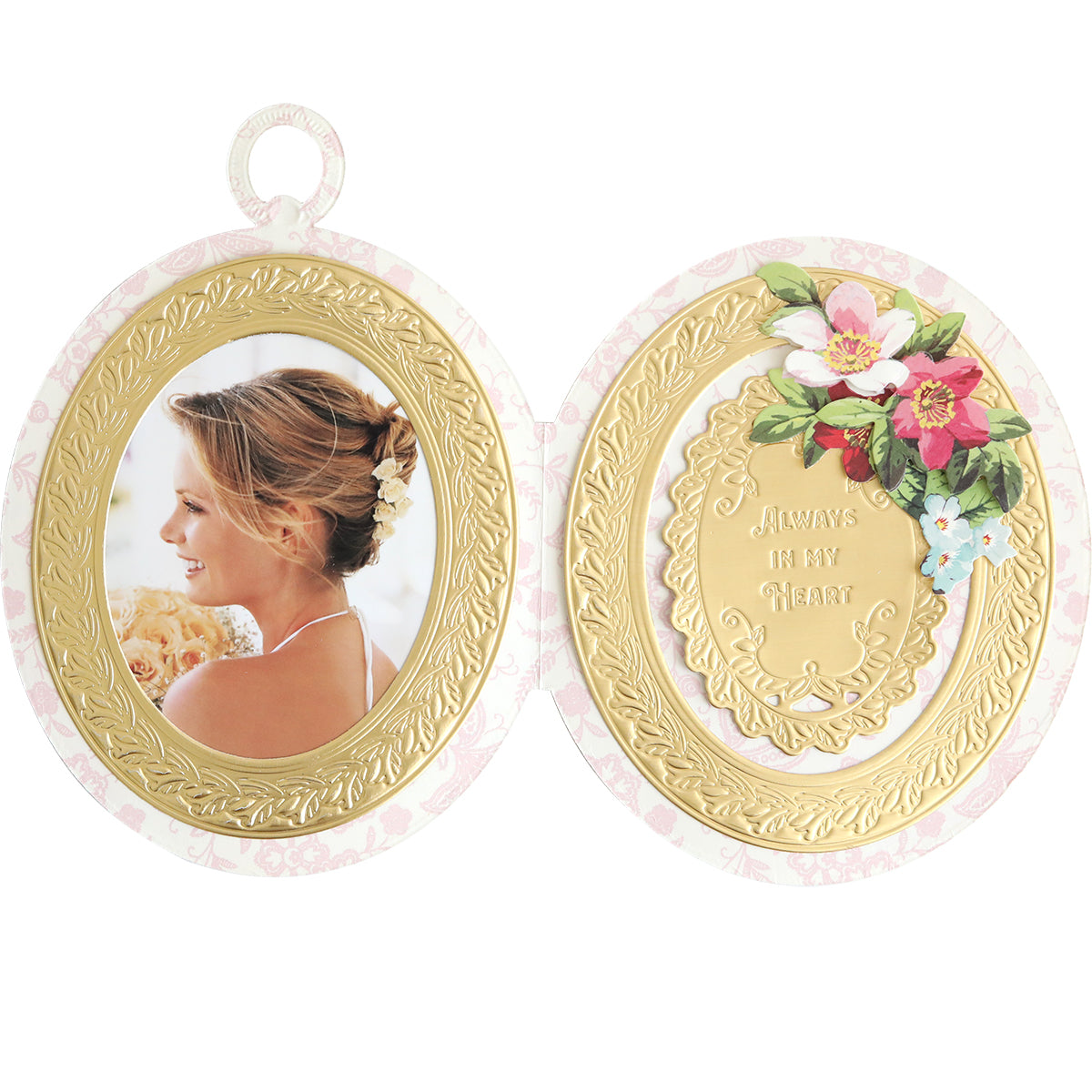 Create keepsake-style cards with the Locket Card Dies—an oval locket-shaped die set featuring space for a photo on the left and gold-embossed "Always in my heart" text with floral accents on the right, ideal for ornate frames.
