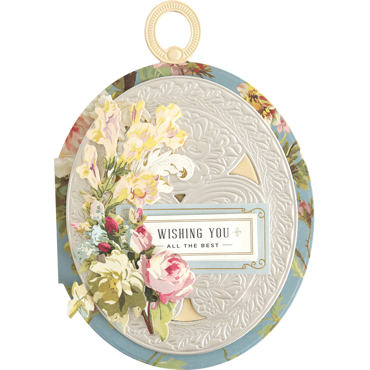 The Locket Card Dies create ornate oval greeting cards with embossed floral designs, elegant frames, and a “Wishing You All the Best” sentiment, inspired by keepsake-style cards.
