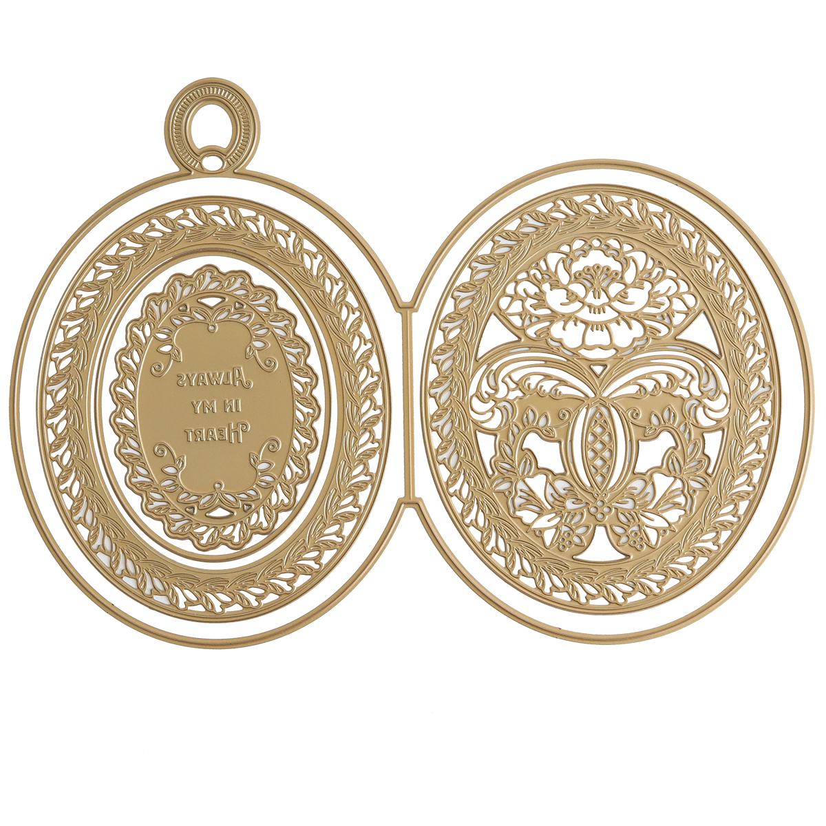 The Locket Card Dies feature an open gold locket design with ornate engraving on the left and a filigree floral motif on the right—ideal inspiration for keepsake cards or elegant locket-style designs.
