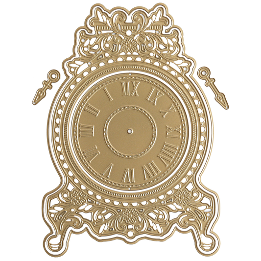 Add timeless charm to your craft projects with Vintage Clock Dies—a gold-colored, ornate decorative clock face featuring Roman numerals and two separate hands for custom designs.