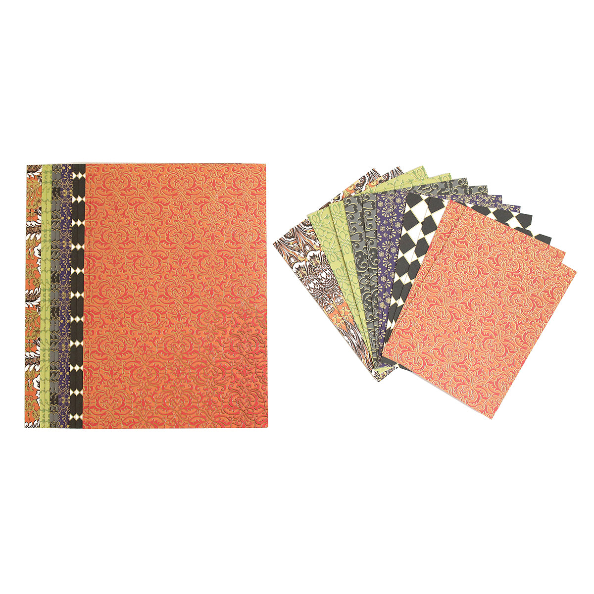 A stack of patterned craft papers is shown, with Spellbound Halloween Crafting Pair laid flat and others fanned out, perfect for Halloween crafts or sentiment Rub On Transfers.
