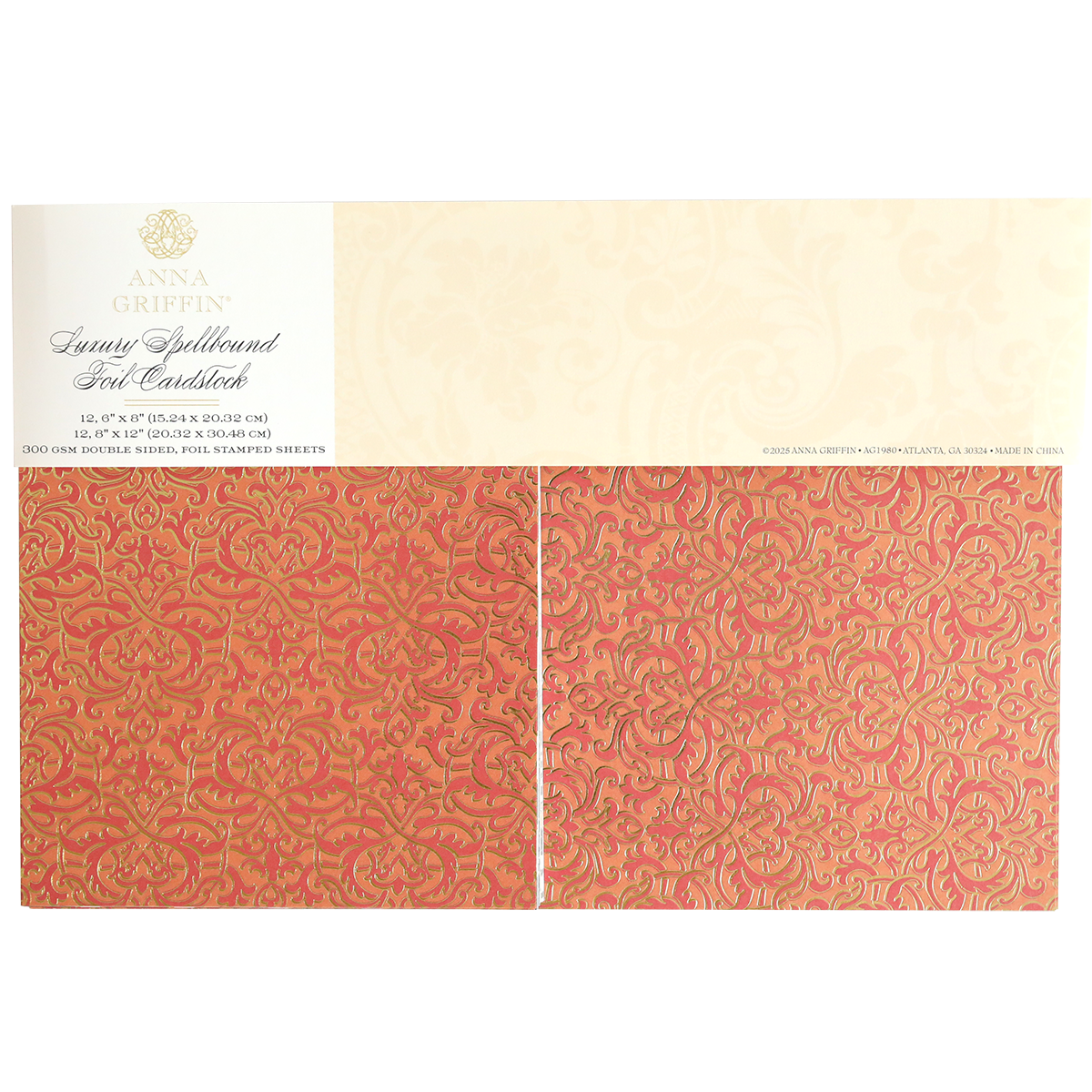 The Luxury Spellbound Foil Cardstock features 30 double-sided orange and gold ornate foil sheets, 12" x 12", adding a luxurious touch to your crafting projects.