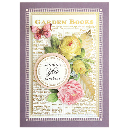 The In the Garden Card Making Kit features a decorative card with vintage florals, a butterfly, and "Garden Books" and "Sending you sunshine" text on a purple background—perfect inspiration for handmade cards.