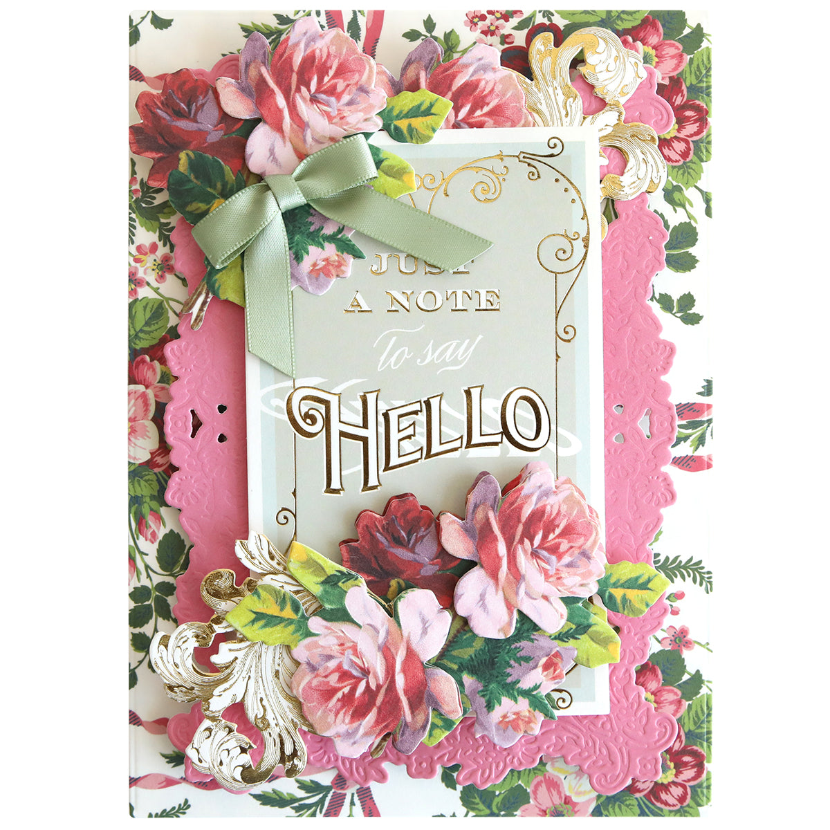 Antique Greetings Postcard Embellishment Stickers feature floral designs, a green ribbon bow, and gold-embossed "Just a note to say Hello" text on a pink and white background—ideal for vintage postcard fans and unique scrapbooking projects.