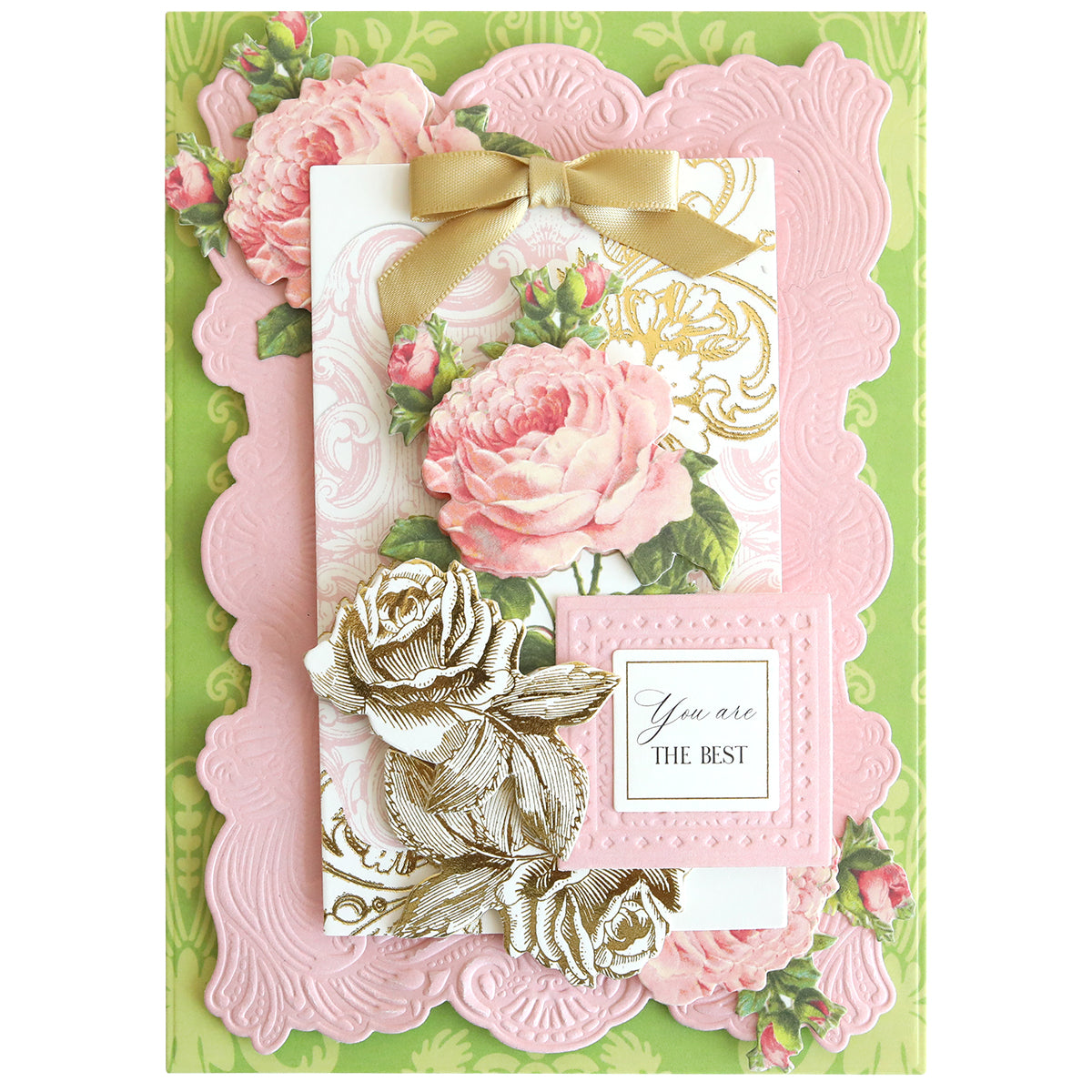 Antique Greetings Postcard Embellishment Stickers feature ornate pink and green florals, a gold ribbon, and "You are THE BEST"—perfect for vintage postcard fans or unique scrapbook projects.