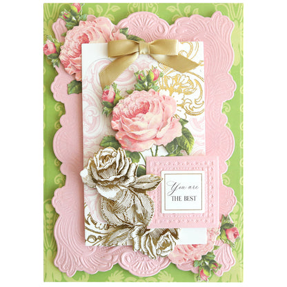 Antique Greetings Postcard Embellishment Stickers feature ornate pink and green florals, a gold ribbon, and "You are THE BEST"—perfect for vintage postcard fans or unique scrapbook projects.