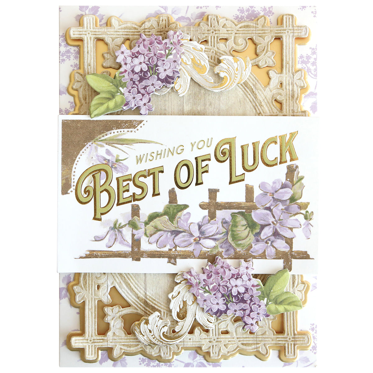 Antique Greetings Postcard Embellishment Stickers feature ornate gold borders, purple flowers, and "Wishing You Best of Luck" in bold gold—ideal for vintage postcard fans or elegant scrapbook projects.