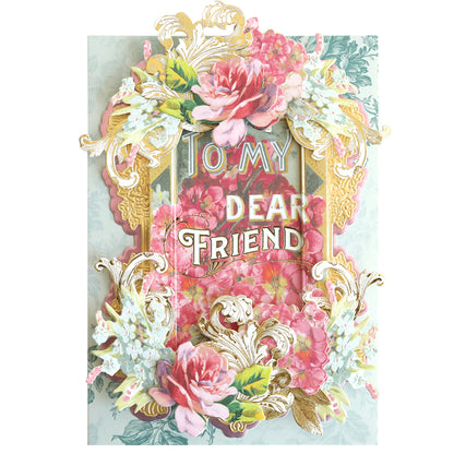 Antique Greetings Postcard Embellishment Stickers feature floral designs and gold accents with "To My Dear Friend"—ideal for vintage postcard fans or anyone seeking unique scrapbook supplies.