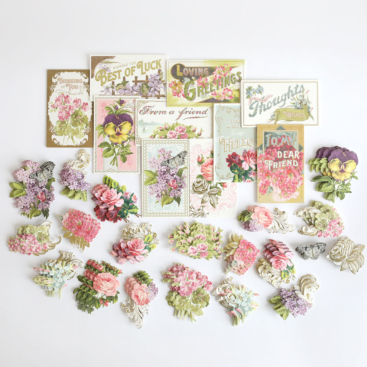 Antique Greetings Postcard Embellishment Stickers feature vintage floral cards, postcards, and cut-out flower illustrations—ideal for scrapbooking or adding 3D embellishments.