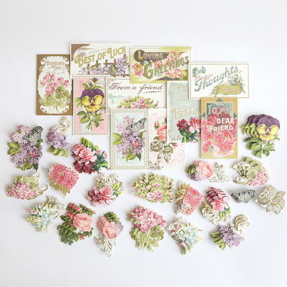 Antique Greetings Postcard Embellishment Stickers feature vintage floral cards, postcards, and cut-out flower illustrations—ideal for scrapbooking or adding 3D embellishments.