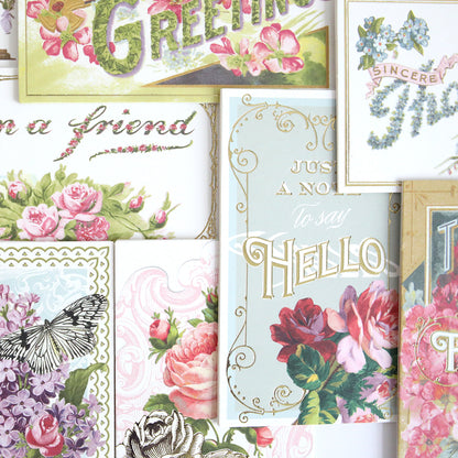 Antique Greetings Postcard Embellishment Stickers feature vintage floral patterns, butterflies, and greetings like "Hello" and "Sincere," ideal for scrapbooking and creative projects.
