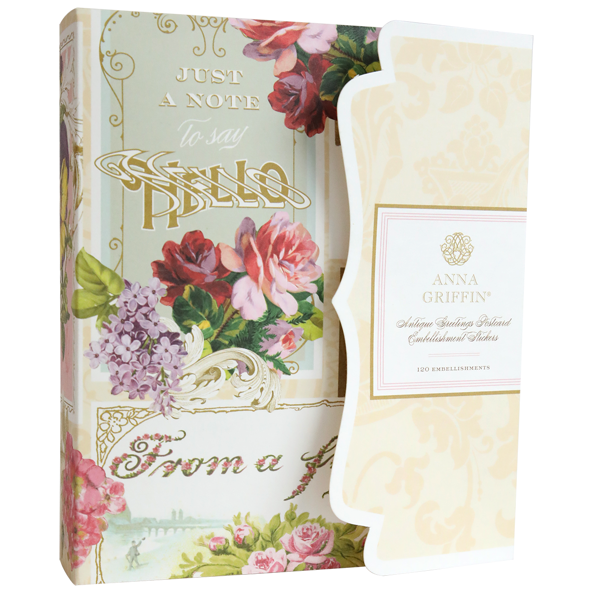 The Antique Greetings Postcard Embellishment Stickers come in a decorative floral box with gold "Just a Note to Say Hello" and "Anna Griffin" text, featuring assorted 3D embellishments and vintage postcards for your scrapbooking needs.