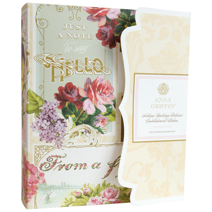 The Antique Greetings Postcard Embellishment Stickers come in a decorative floral box with gold "Just a Note to Say Hello" and "Anna Griffin" text, featuring assorted 3D embellishments and vintage postcards for your scrapbooking needs.