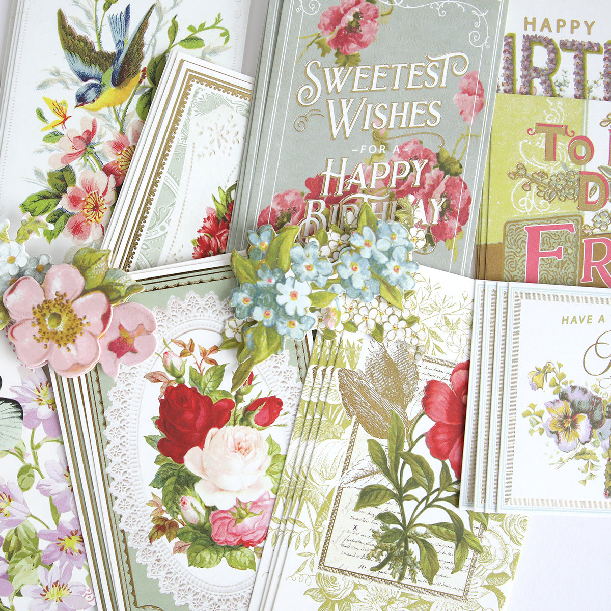 A set of vintage-style floral greeting cards and gift tags with roses, birds, and pastel birthday messages—perfect when paired with Antique Birthday Postcard Embellishment Stickers for a charming finishing touch.