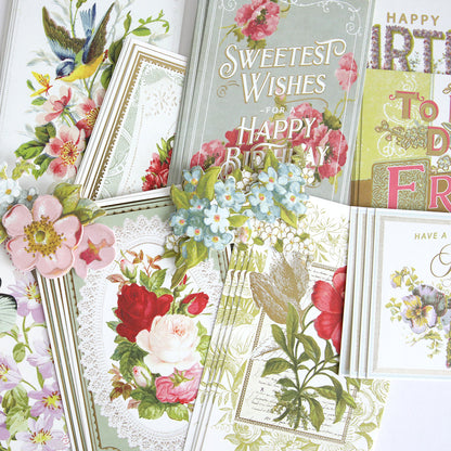 A set of vintage-style floral greeting cards and gift tags with roses, birds, and pastel birthday messages—perfect when paired with Antique Birthday Postcard Embellishment Stickers for a charming finishing touch.