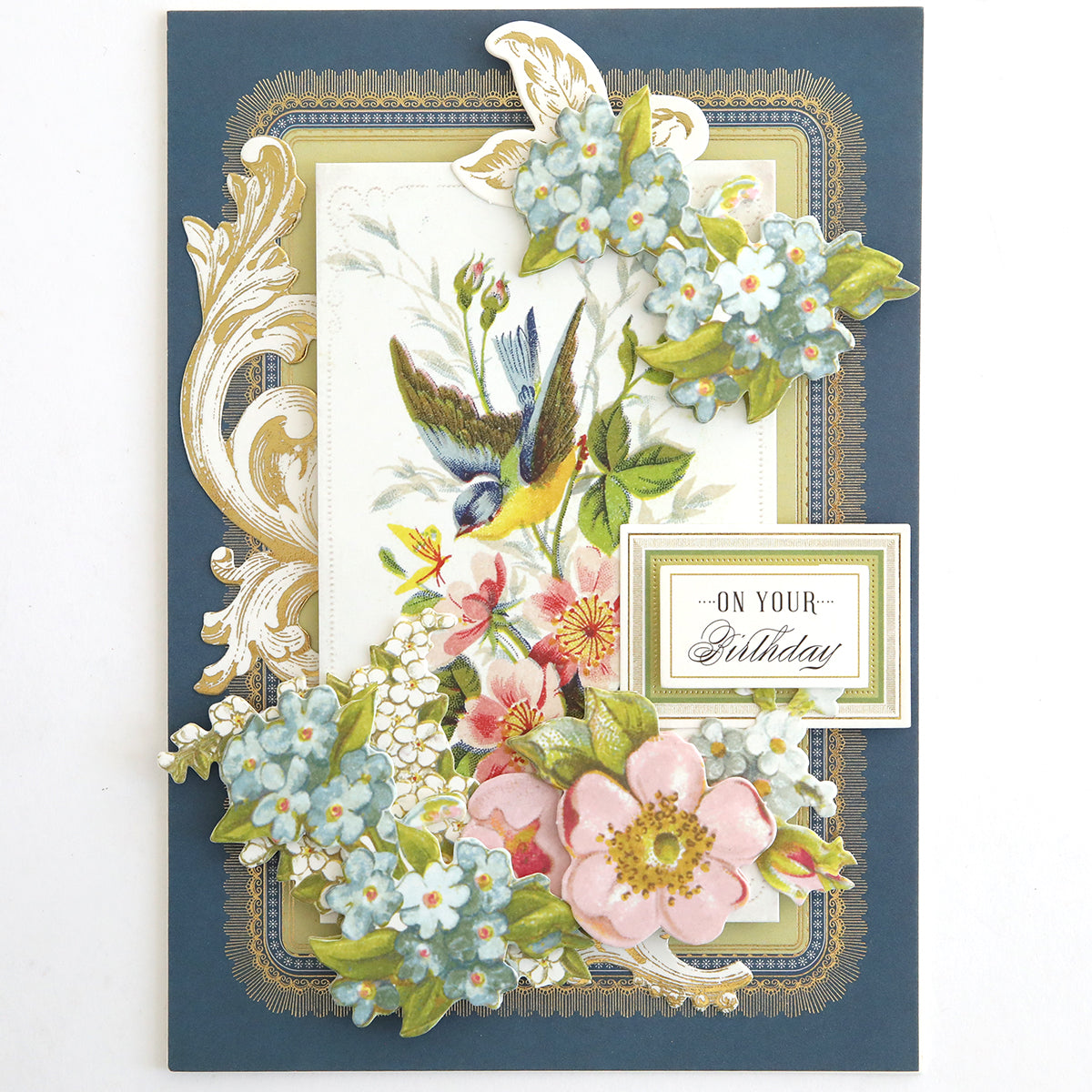 A decorative birthday card with a bird, flowers, and gold details reading "On Your Birthday"—perfect for pairing with Antique Birthday Postcard Embellishment Stickers or as a charming vintage sticker accent.