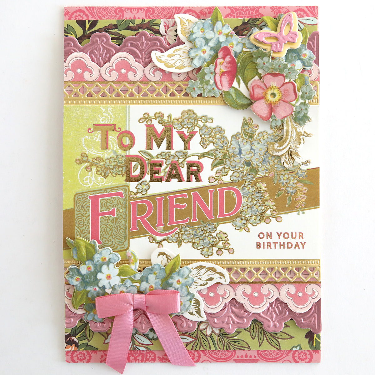 A decorative birthday card with floral designs, lace patterns, a pink bow, and "To My Dear Friend On Your Birthday" on the front, adorned with Antique Birthday Postcard Embellishment Stickers for an elegant touch.