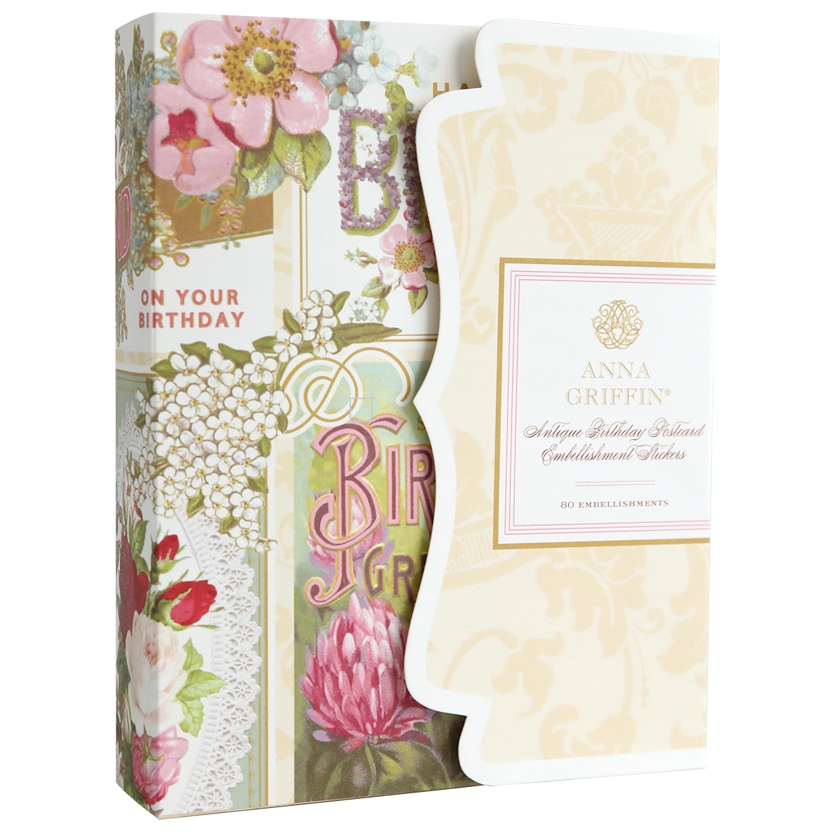 The "Antique Birthday Postcard Embellishment Stickers" by Anna Griffin feature floral designs and "On Your Birthday" text, perfect for vintage embellishments or scrapbook sticker projects.