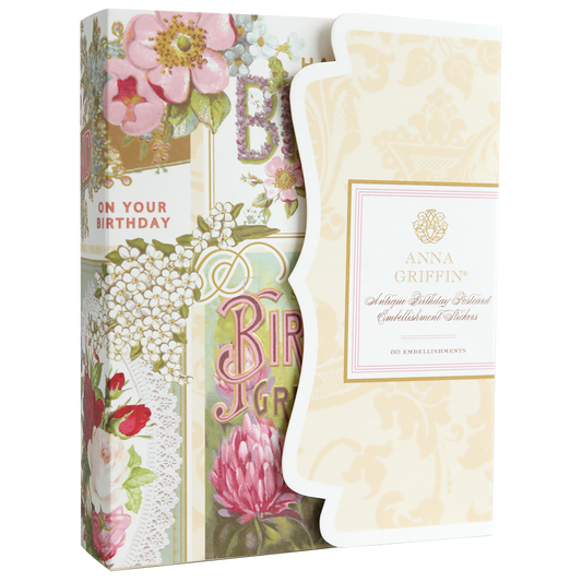 The "Antique Birthday Postcard Embellishment Stickers" by Anna Griffin feature floral designs and "On Your Birthday" text, perfect for vintage embellishments or scrapbook sticker projects.