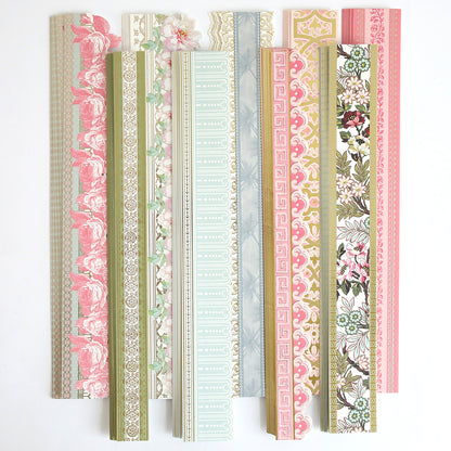 Ten vertical strips of decorative paper from the Beautiful Botanical Bundle, featuring assorted pastel floral and geometric patterns perfect for layered card making, are displayed side by side on a white background.