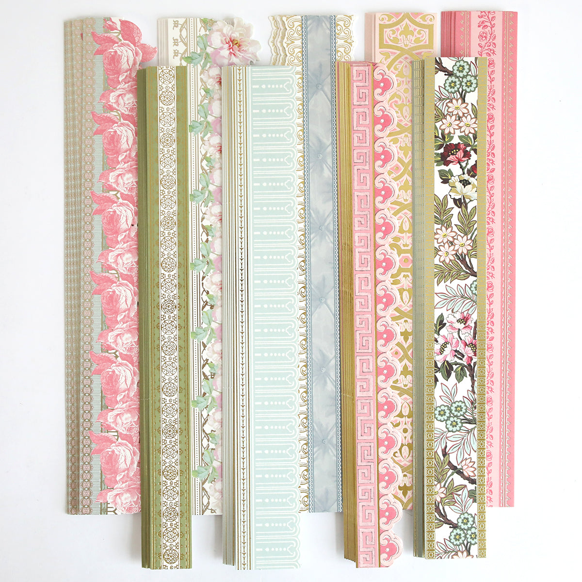 Antique Botanical Embellishments and Borders showcases assorted decorative wallpaper strips with floral and geometric patterns in pastel and muted tones, paired with delicate botanical border stickers on a white background.