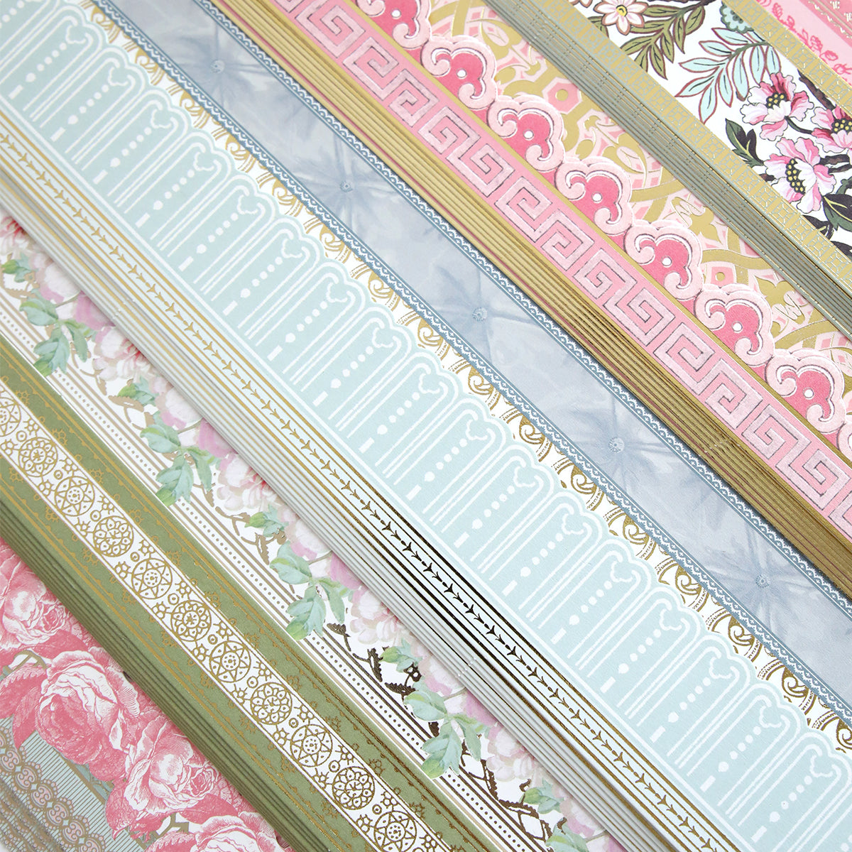 Botanical 12" Border Stickers are assorted decorative paper strips with floral, geometric, and ornamental patterns in pastel hues arranged diagonally—perfect for scrapbook supplies.