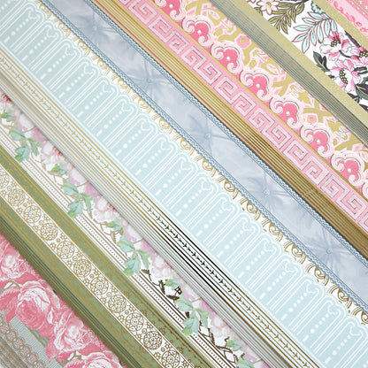 Botanical 12" Border Stickers are assorted decorative paper strips with floral, geometric, and ornamental patterns in pastel hues arranged diagonally—perfect for scrapbook supplies.