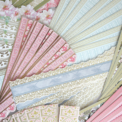 Botanical 12" Border Stickers in pastel and patterned designs, including foil accents, displayed fan-style with floral and geometric motifs—ideal for handmade cards and creative projects.