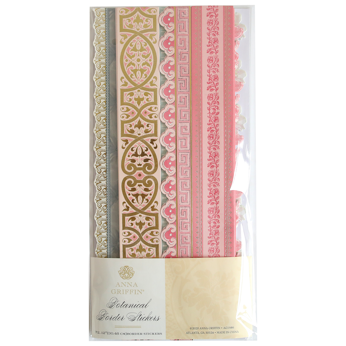 Enhance your scrapbook supplies with Botanical 12" Border Stickers—ornate and decorative stickers in gold, pink, and beige tones to add an elegant botanical touch.