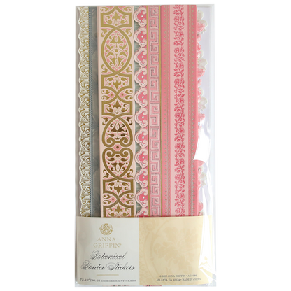 Enhance your scrapbook supplies with Botanical 12" Border Stickers—ornate and decorative stickers in gold, pink, and beige tones to add an elegant botanical touch.
