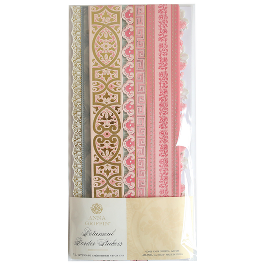 Enhance your scrapbook supplies with Botanical 12" Border Stickers—ornate and decorative stickers in gold, pink, and beige tones to add an elegant botanical touch.