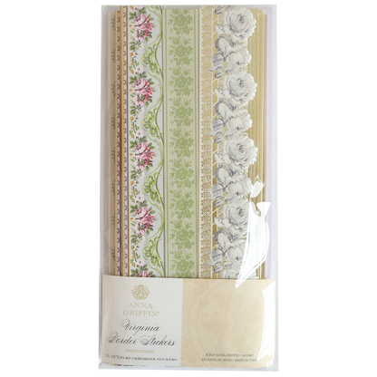 A package of Virginia 12" Border Stickers featuring die-cut floral and ornamental designs in pink, green, gold, and black on cream backgrounds—ideal for embellishing scrapbook pages.