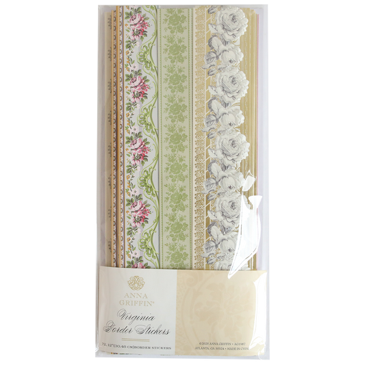 A package of Virginia 12" Border Stickers featuring die-cut floral and ornamental designs in pink, green, gold, and black on cream backgrounds—ideal for embellishing scrapbook pages.