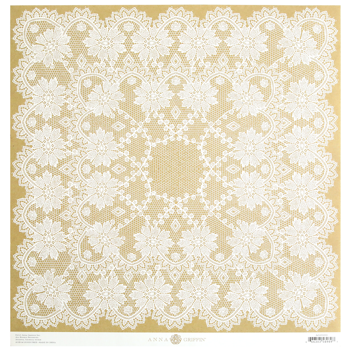 An intricate lace doily featuring a symmetrical floral pattern, designed by Anna Griffin, displayed on a beige background. Available as part of the Endora Kraft Lace 12x12 Cardstock pack containing 5 sheets of patterned cardstock, each measuring 12″ x 12″.