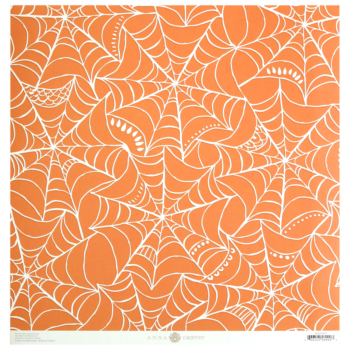 Endora Orange Web 12x12 Cardstock features an orange background patterned with white spider web designs, available in a single-sided pack of 5 sheets.