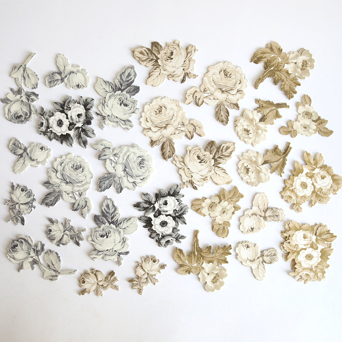 Faded Rose Die Cut Embellishments—assorted black, white, and beige paper florals on a white background, perfect for adding vintage style to your crafts.